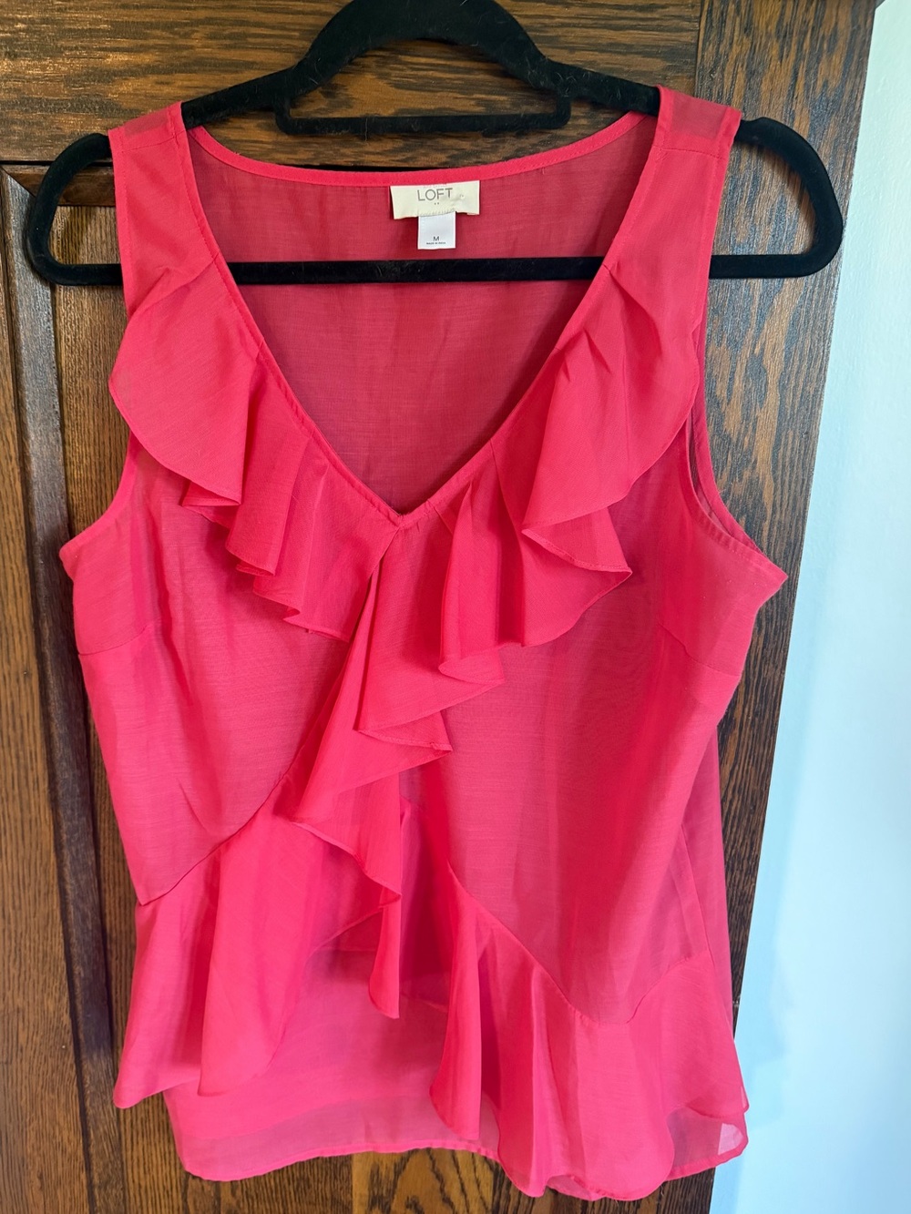 LOFT Coral-Pink Ruffle V-Neck Sleeveless Blouse, Sheer